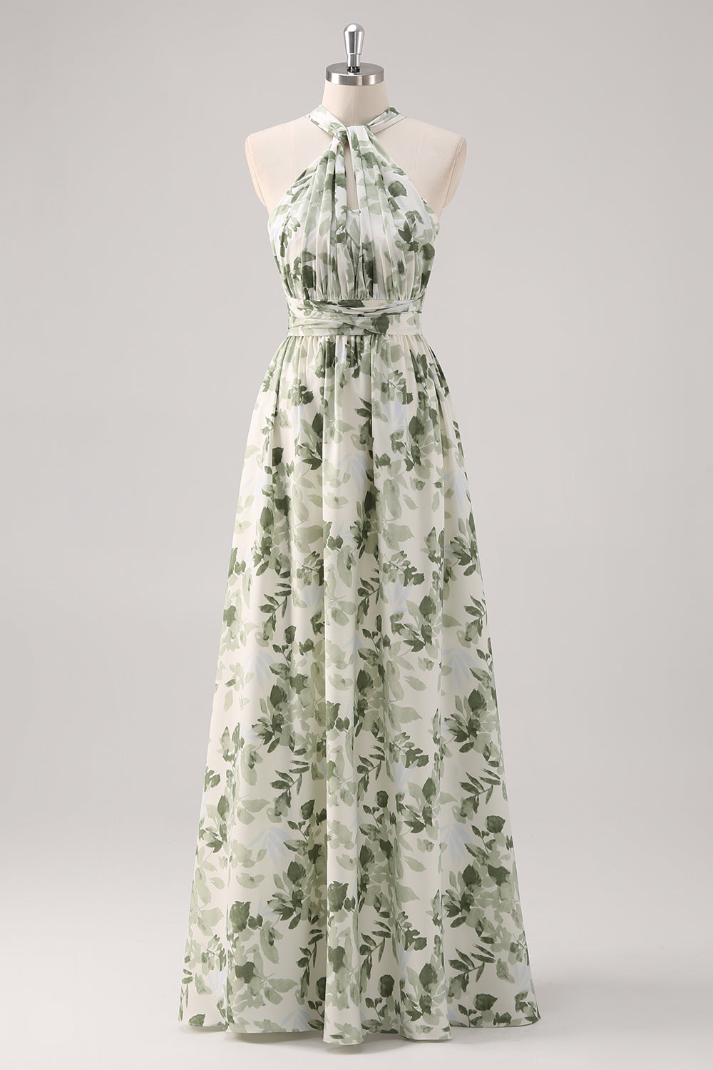 A-Line Ruched Convertible Design Floor Length Green Floral Bridesmaid Dress