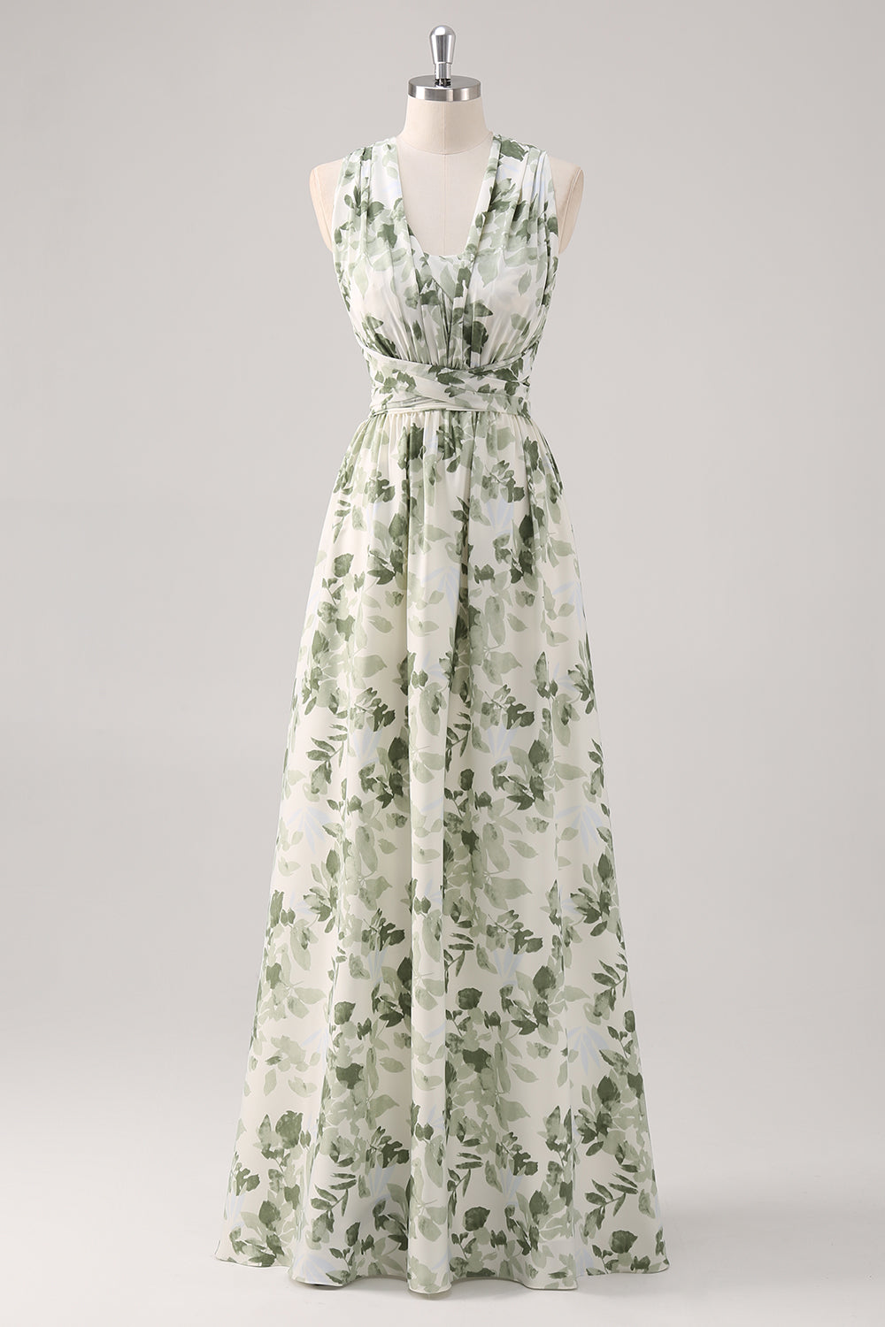 A-Line Ruched Convertible Design Floor Length Green Floral Bridesmaid Dress