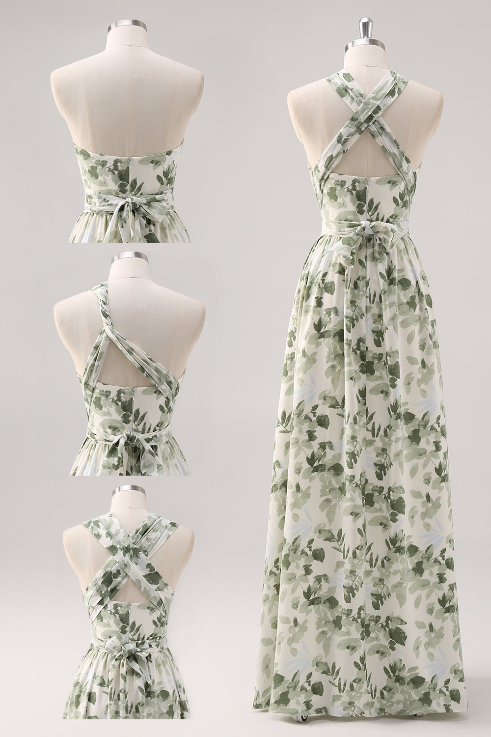 A-Line Ruched Convertible Design Floor Length Green Floral Bridesmaid Dress