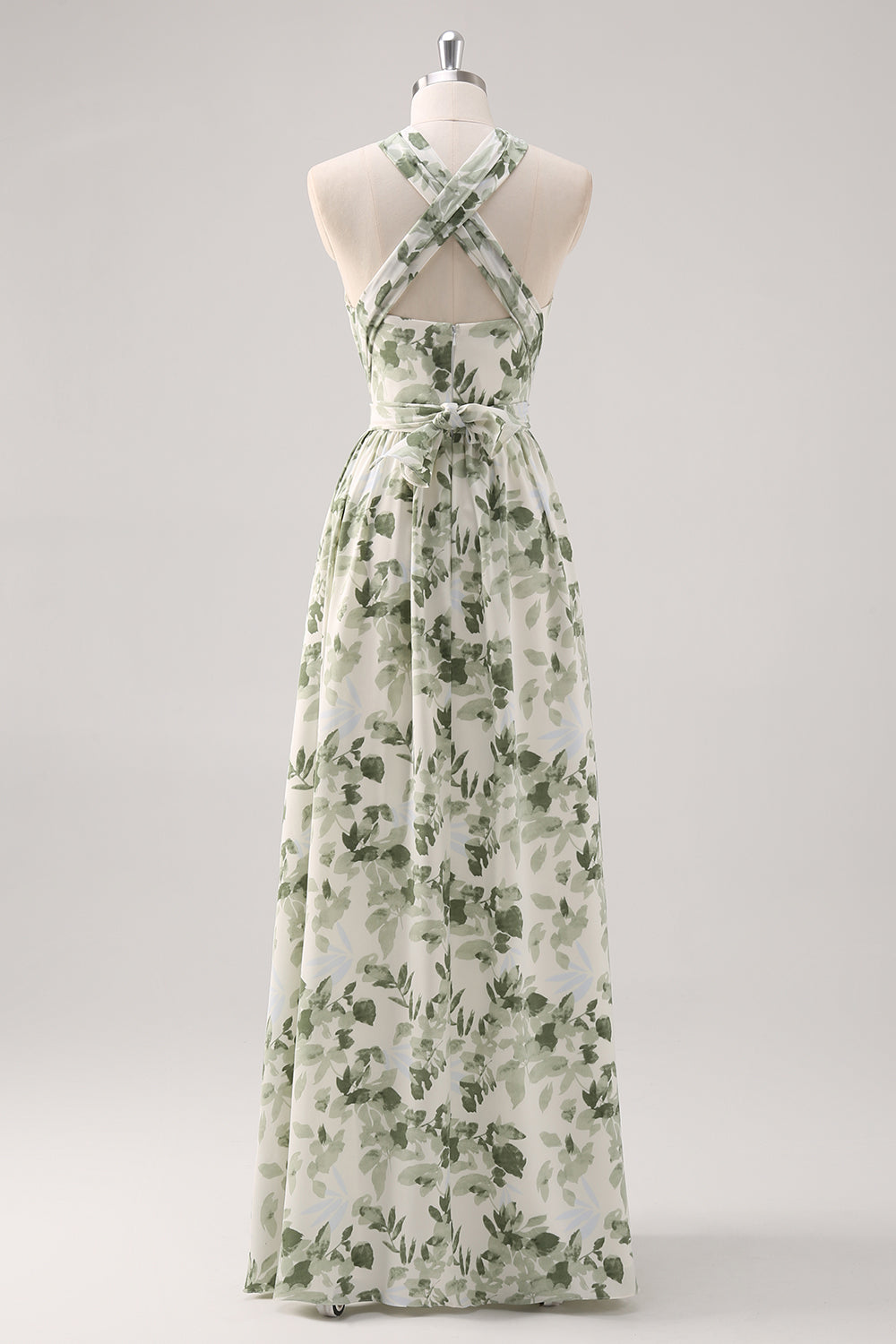 A-Line Ruched Convertible Design Floor Length Green Floral Bridesmaid Dress