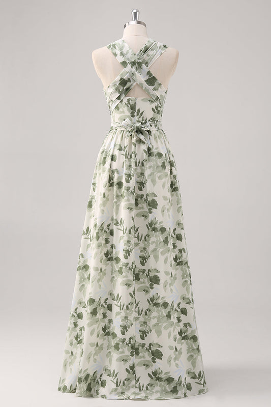 Green Flower A-Line V-Neck Print Ruched Convertible Design Long Bridesmaid Dress