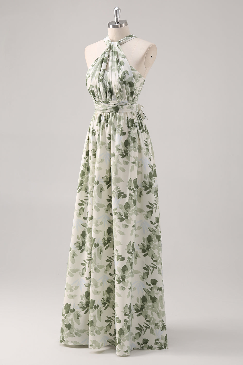 A-Line Ruched Convertible Design Floor Length Green Floral Bridesmaid Dress