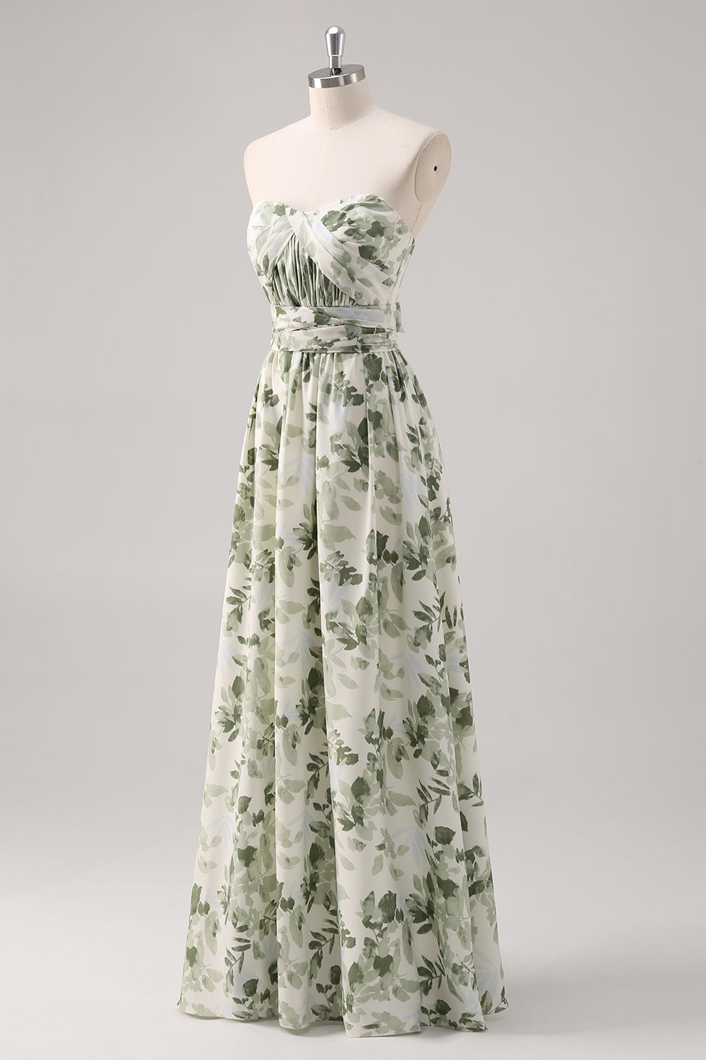 A-Line Ruched Convertible Design Floor Length Green Floral Bridesmaid Dress