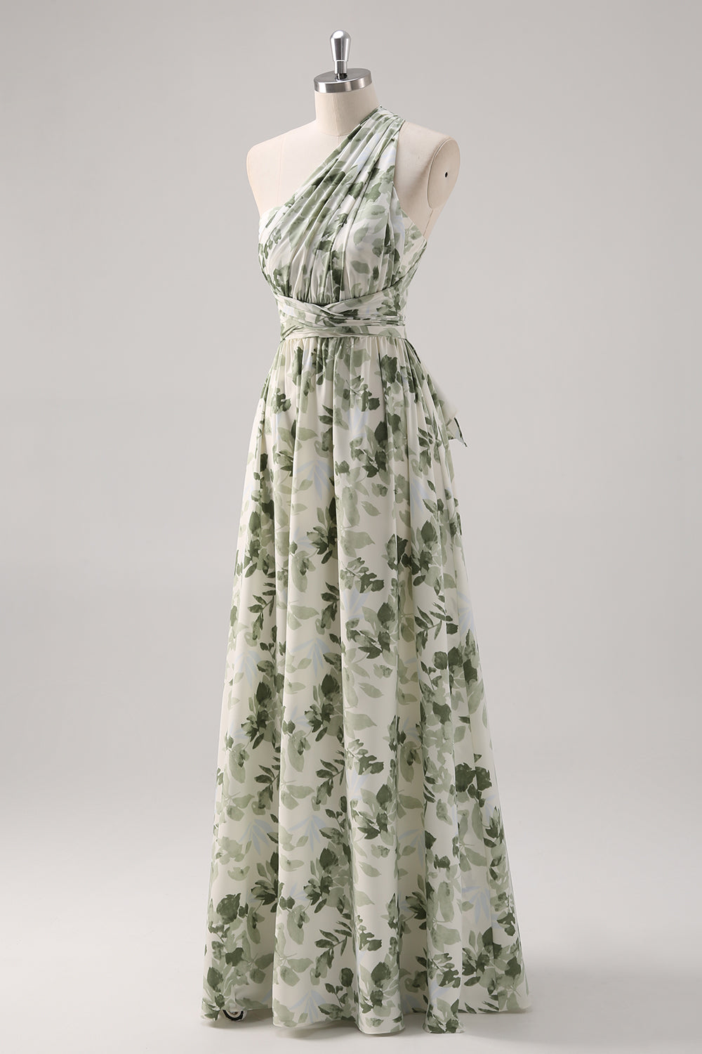 A-Line Ruched Convertible Design Floor Length Green Floral Bridesmaid Dress