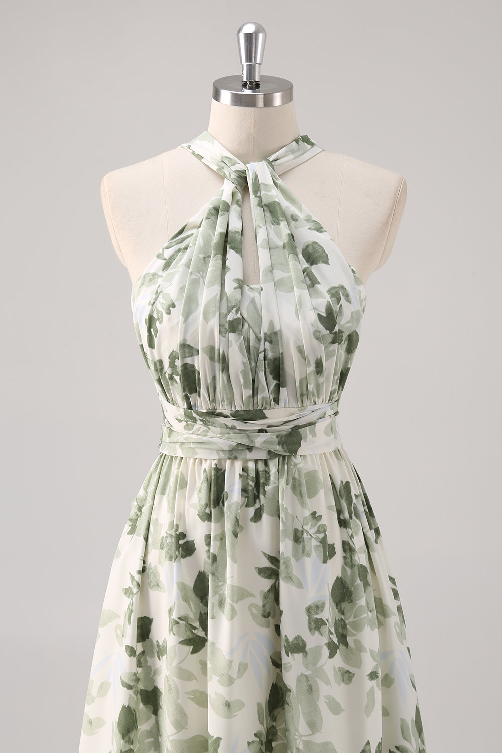 Green Flower A-Line Print Ruched Convertible Design Long Bridesmaid Dress