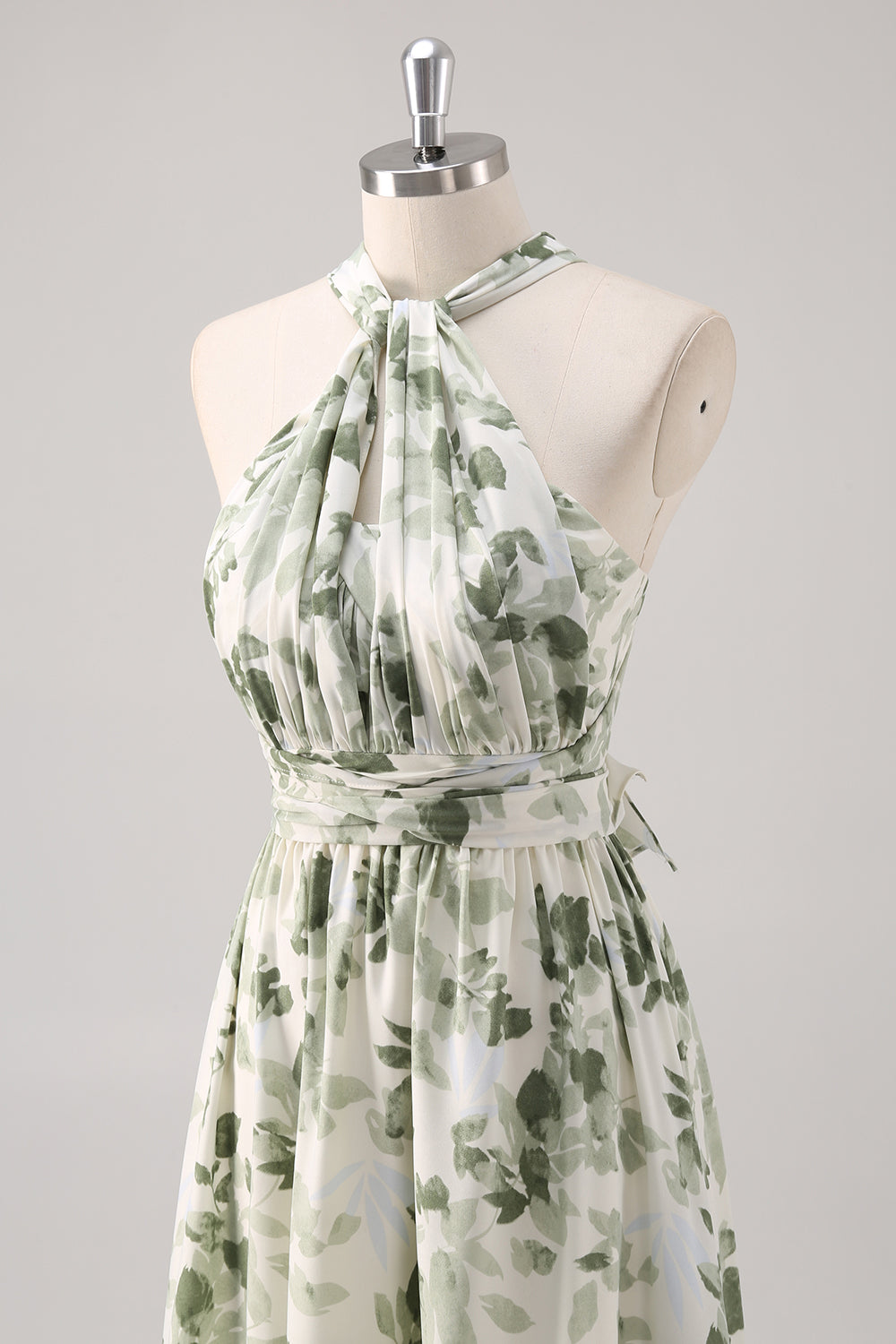 Green Flower A-Line Print Ruched Convertible Design Long Bridesmaid Dress