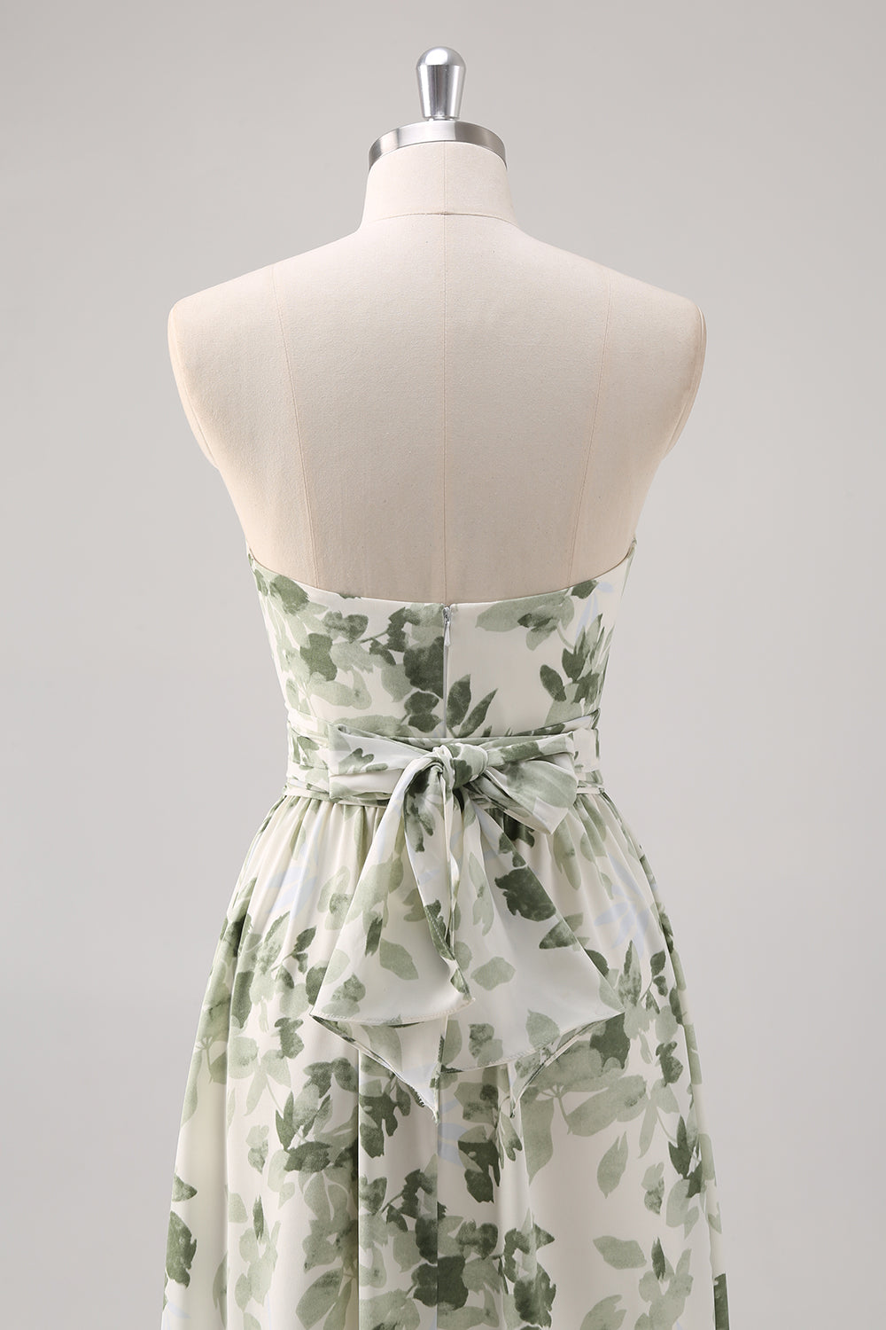 Vestido largo de dama de honor convertible fruncido estampado sin tirantes con corte en A de Green Flower