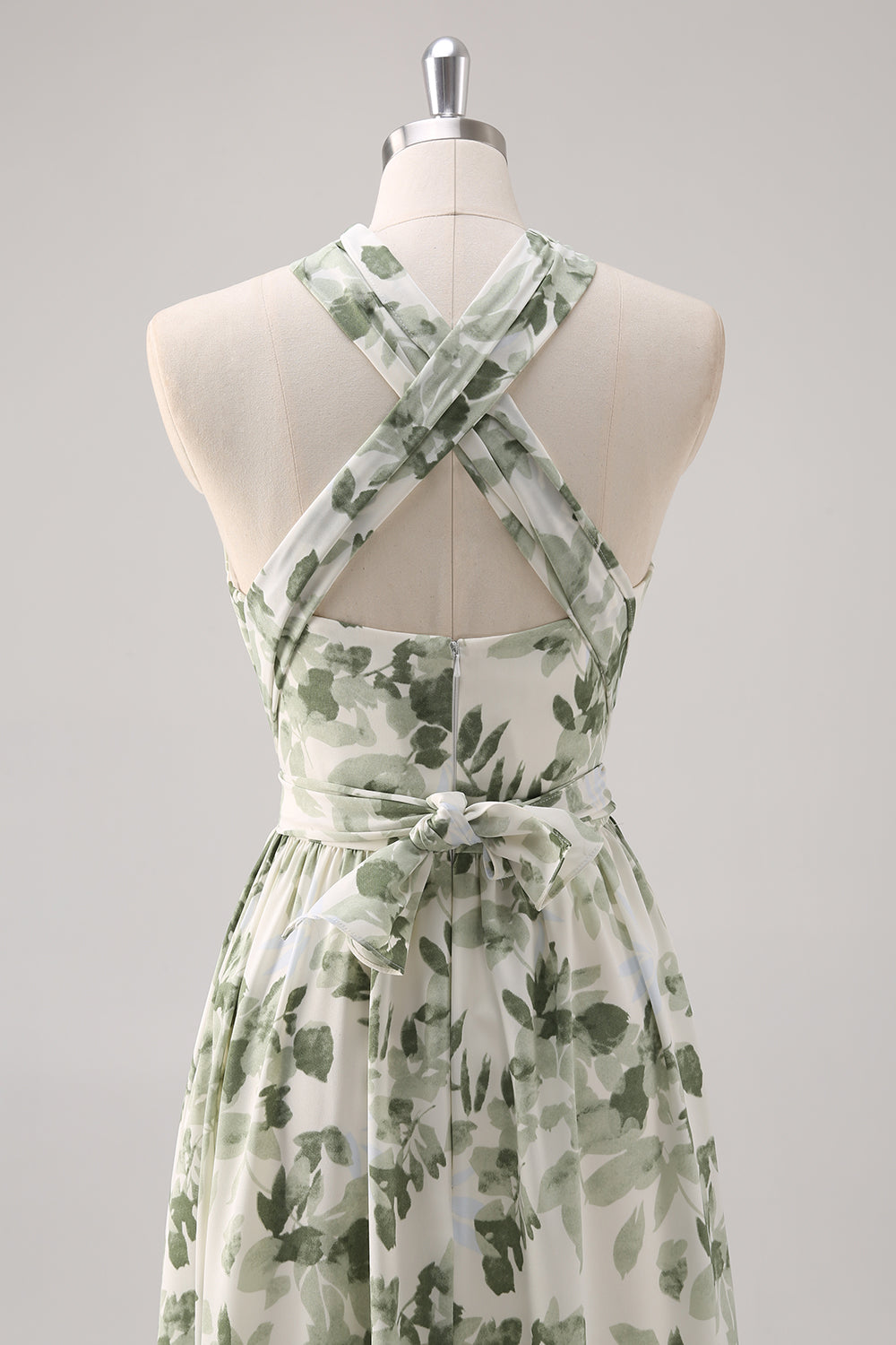 Green Flower A-Line Print Ruched Convertible Design Long Bridesmaid Dress