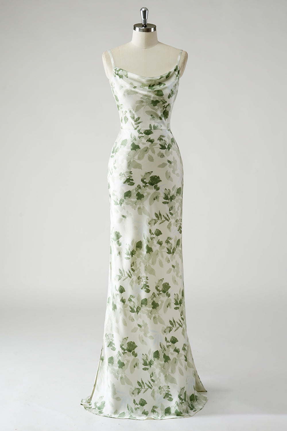 Robe longue demoiselle d'honneur à dos ouvert, imprimée, col bénitier et jupe fourreau verte