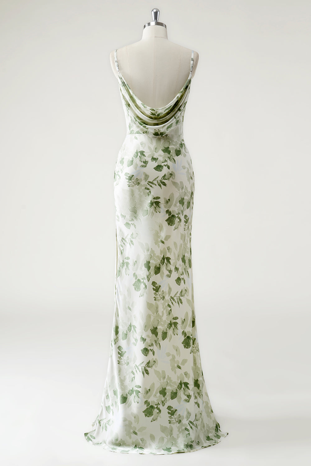 Robe longue demoiselle d'honneur à dos ouvert, imprimée, col bénitier et jupe fourreau verte