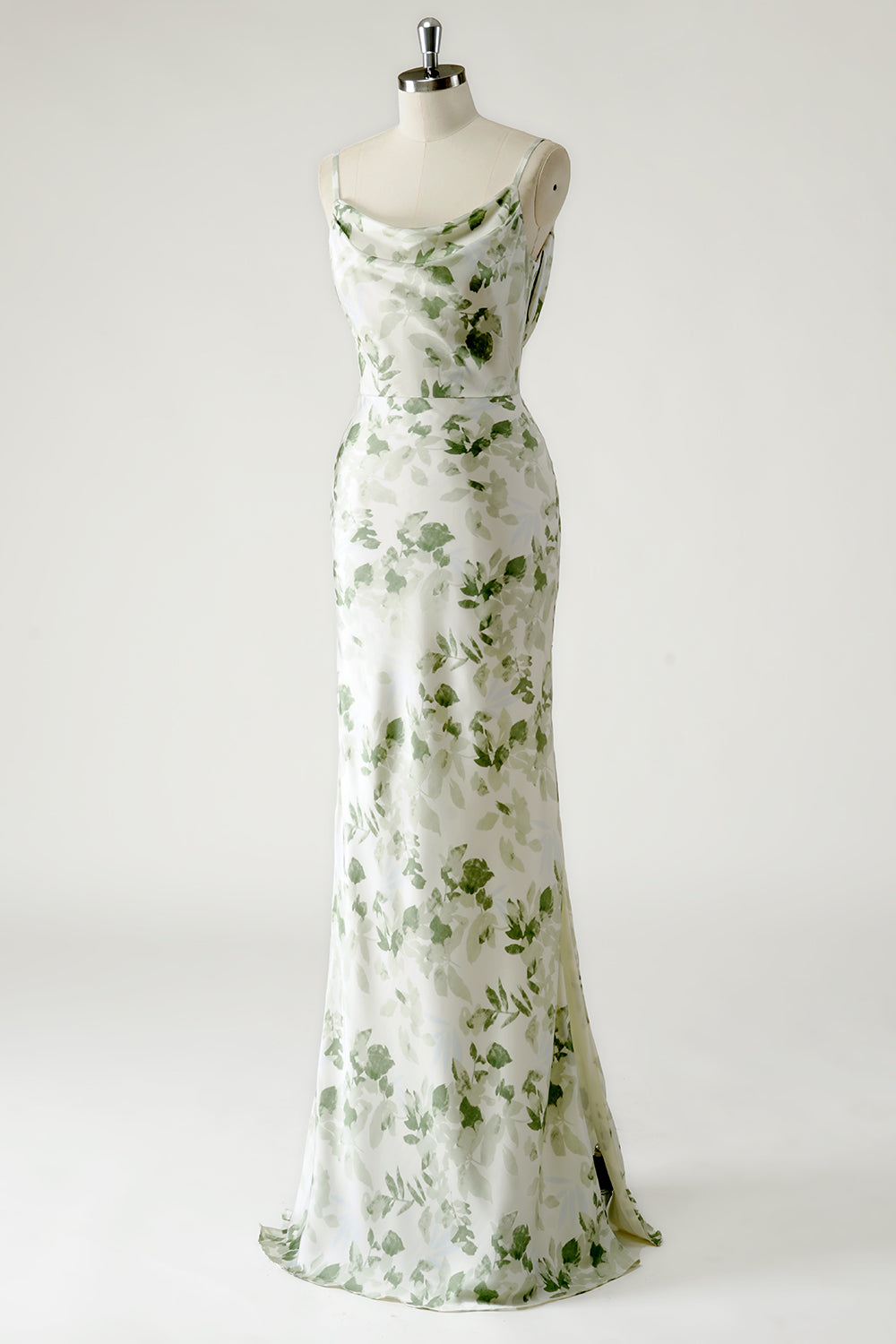Robe longue demoiselle d'honneur à dos ouvert, imprimée, col bénitier et jupe fourreau verte