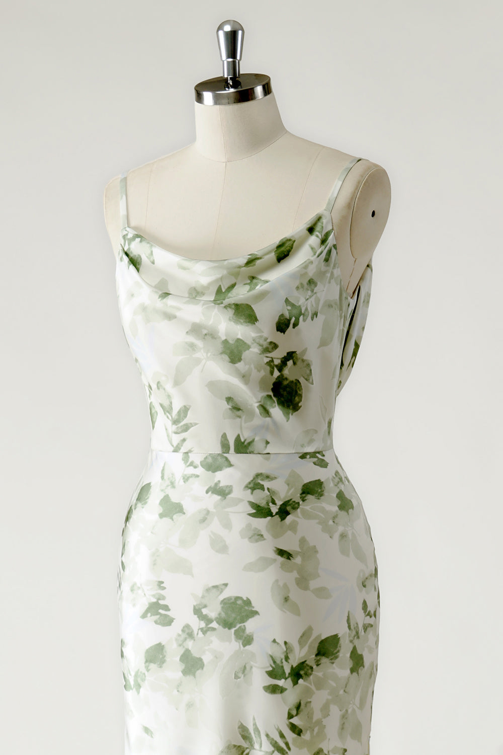 Robe longue demoiselle d'honneur à dos ouvert, imprimée, col bénitier et jupe fourreau verte