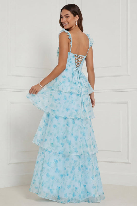 Blue A Line Ruffled Corset Long Floral Dress with Slit
