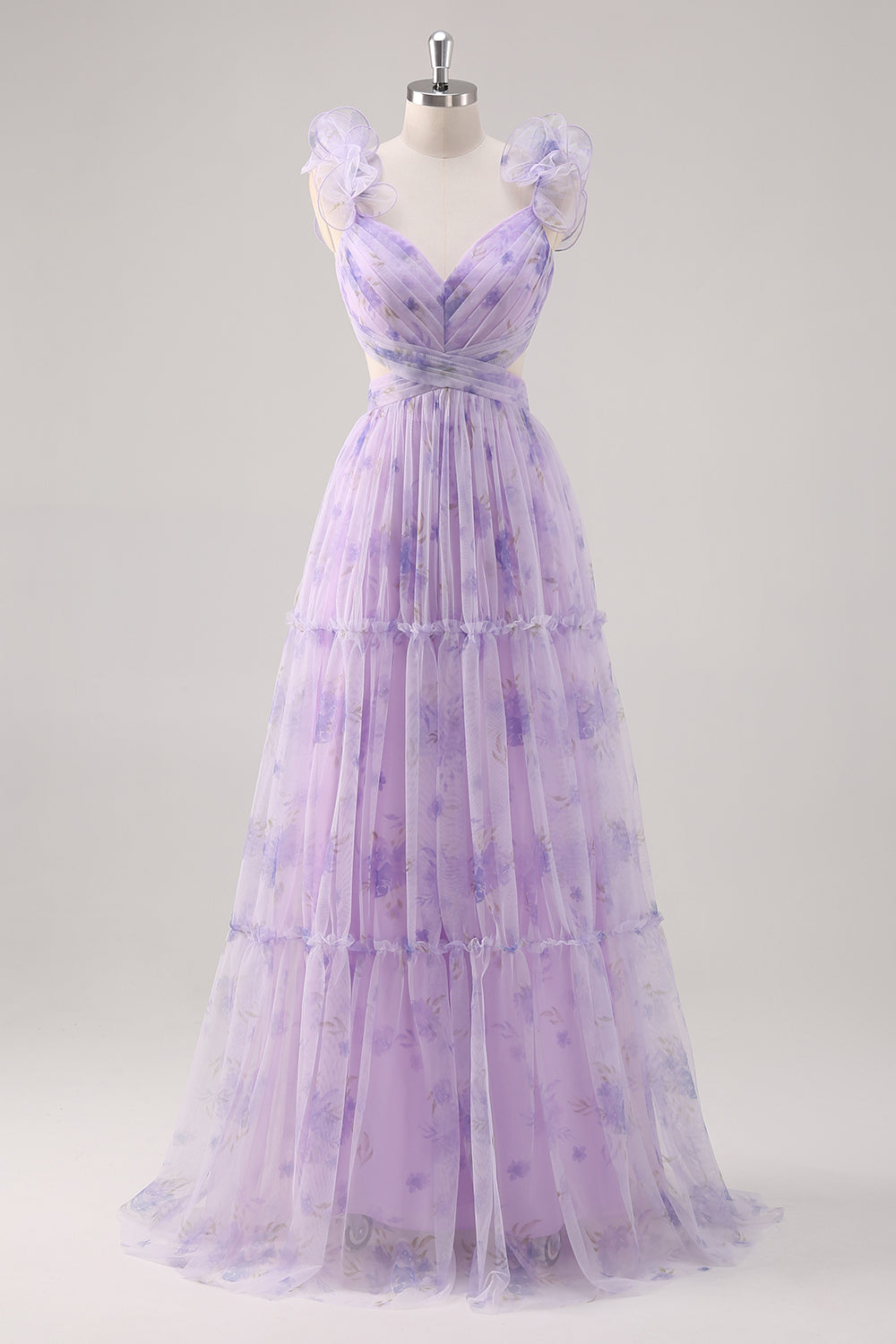 Vestido largo plisado de dama de honor con corte en A y estampado de flor de lavanda