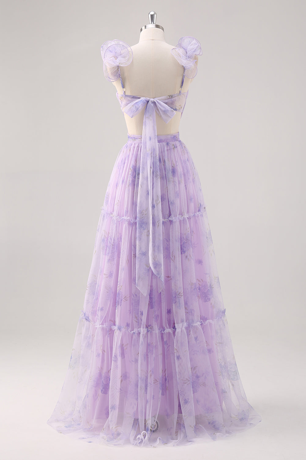 Vestido largo plisado de dama de honor con corte en A y estampado de flor de lavanda