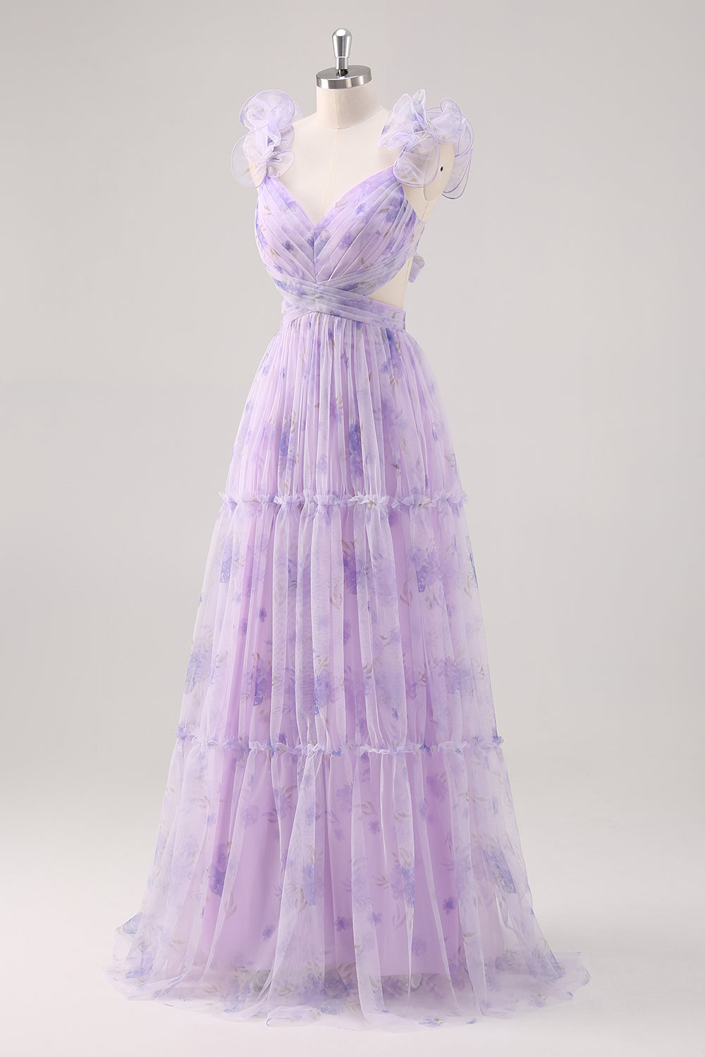 Vestido largo plisado de dama de honor con corte en A y estampado de flor de lavanda