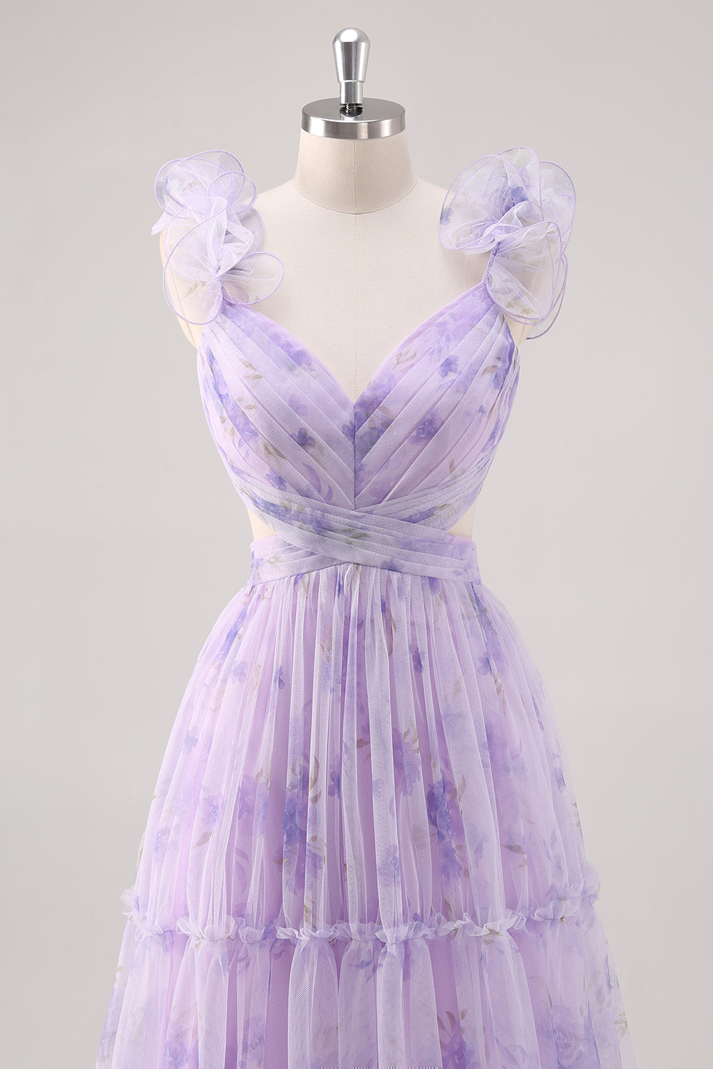 Vestido largo plisado de dama de honor con corte en A y estampado de flor de lavanda