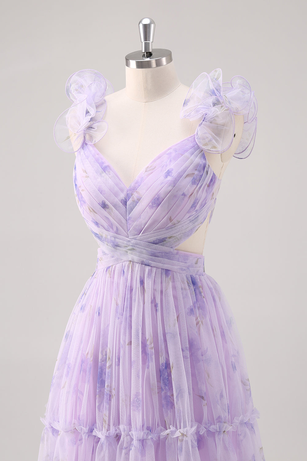 Vestido largo plisado de dama de honor con corte en A y estampado de flor de lavanda