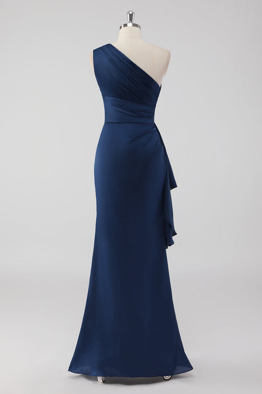 Navy Mermaid One-Shoulder Long Formal Dress with Ruffles