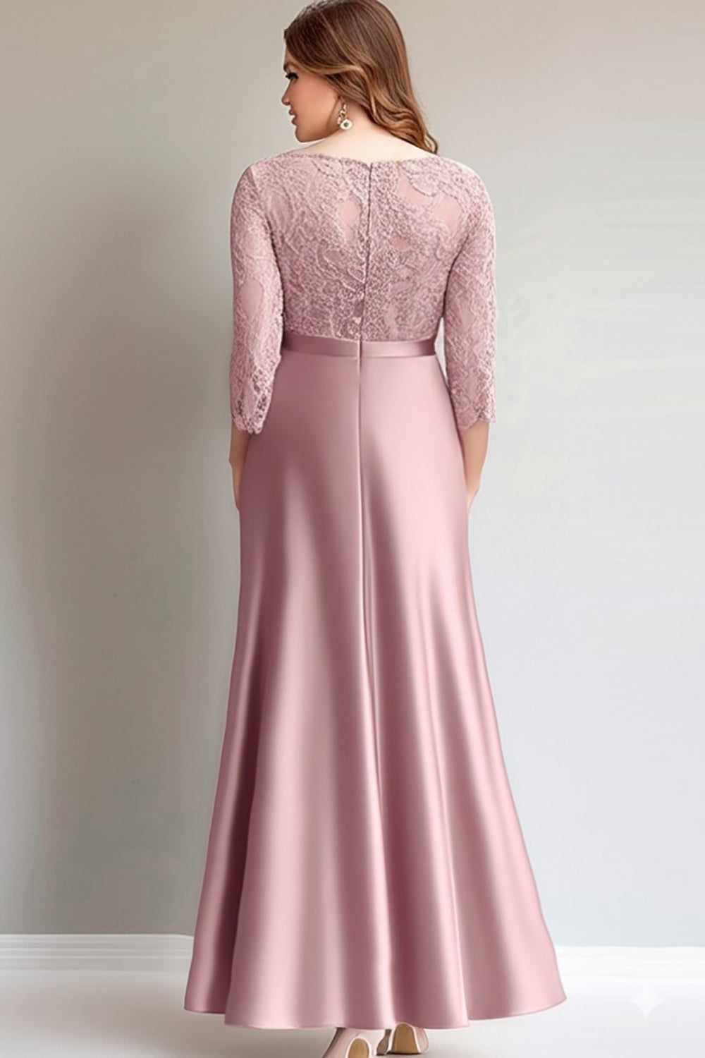 Pink Lace Ruched Long-Sleeve Mother of the Bride Dress