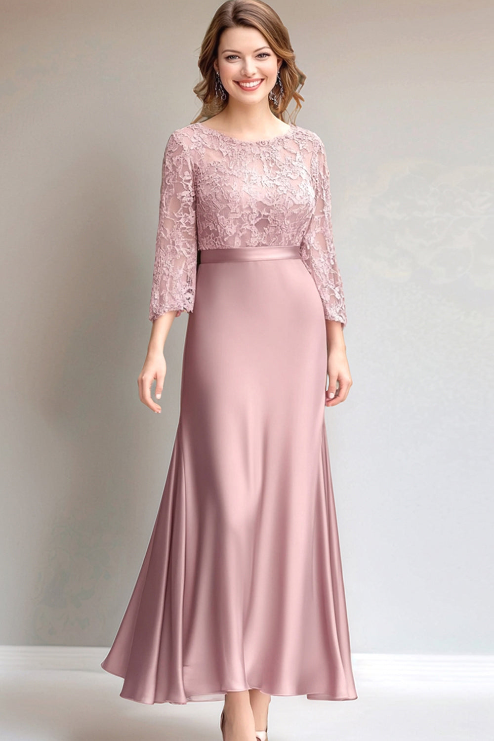 Pink Lace Ruched Long-Sleeve Mother of the Bride Dress