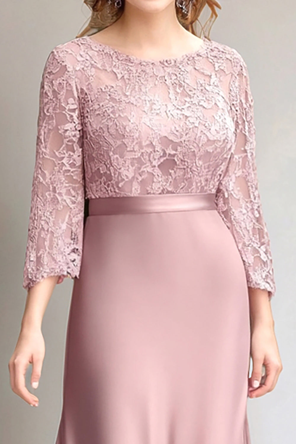 Pink Lace Ruched Long-Sleeve Mother of the Bride Dress