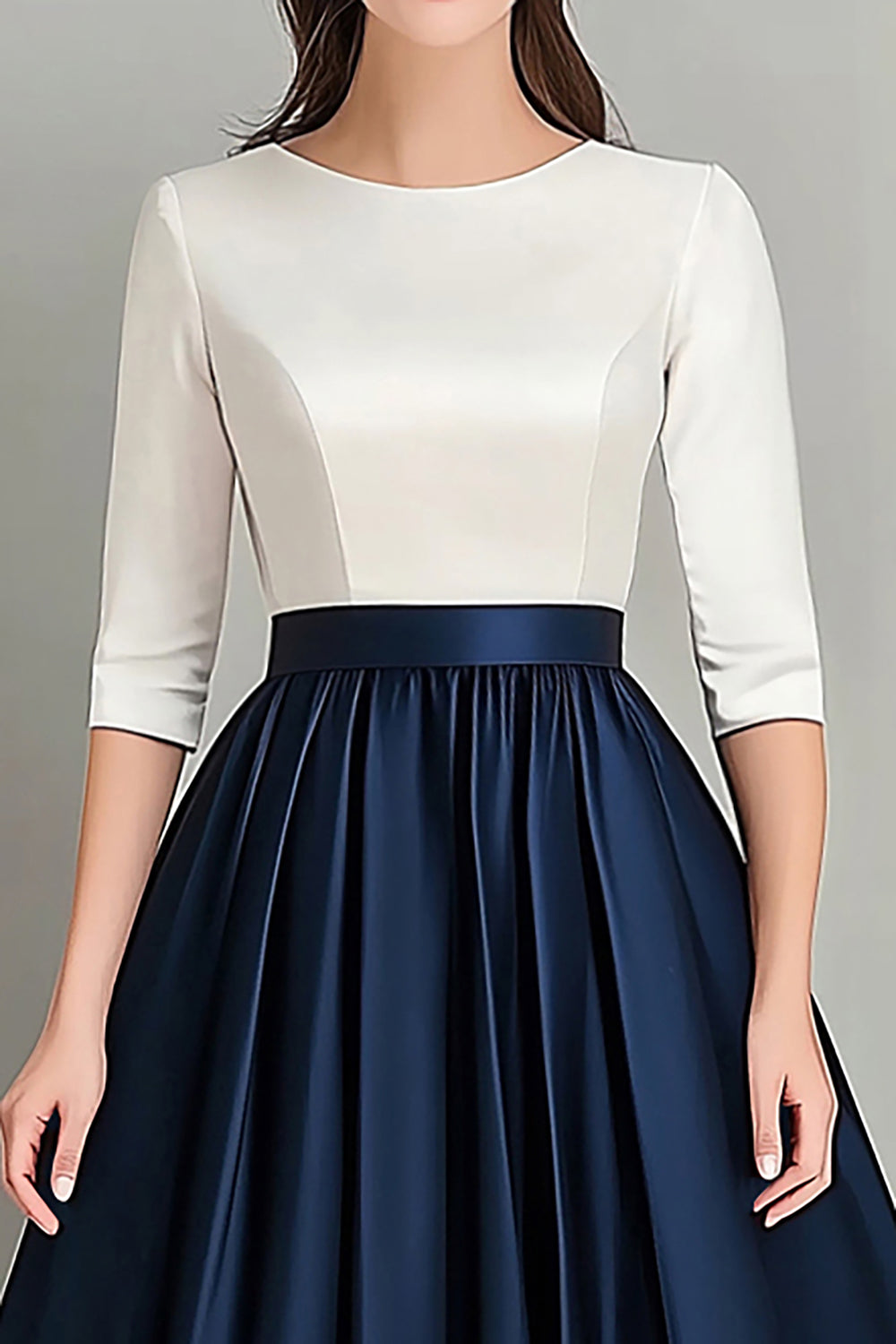 Robe trapèze blanche et bleu marine ruchée à mi-manches pour mère de la mariée