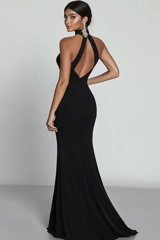 Vestido Formal Sirena Negro de Cuello Alto con Espalda Abierta en Satén y Abertura