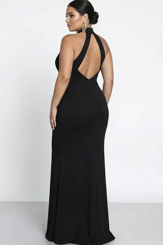 Robe de soirée sirène noire en satin à licou avec découpe en trou de serrure et fente