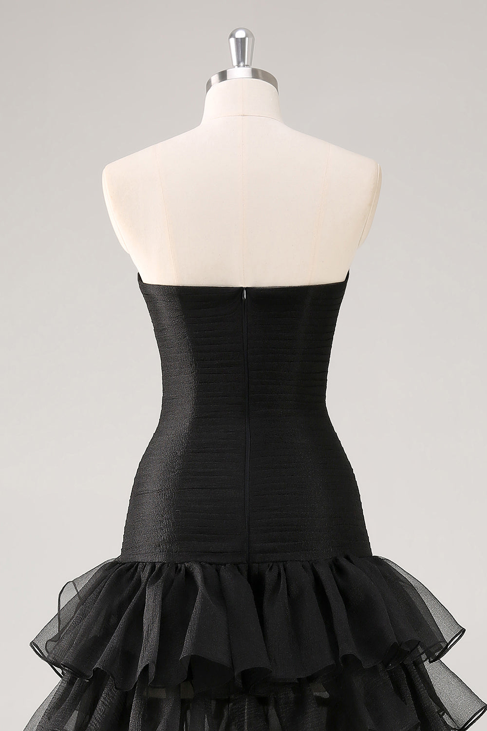 Black Strapless Tulle Tiered Ruffled Formal Dress with Slit