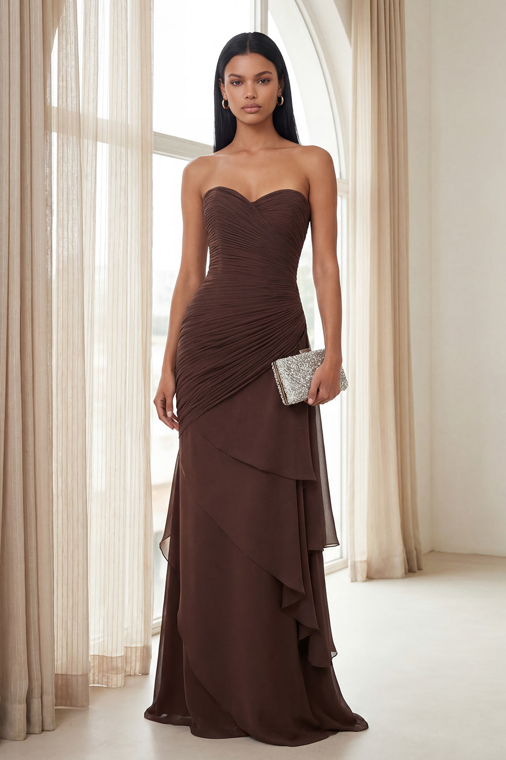 Dark Brown Sheath Sweetheart Ruched Ruffled Formal Dress