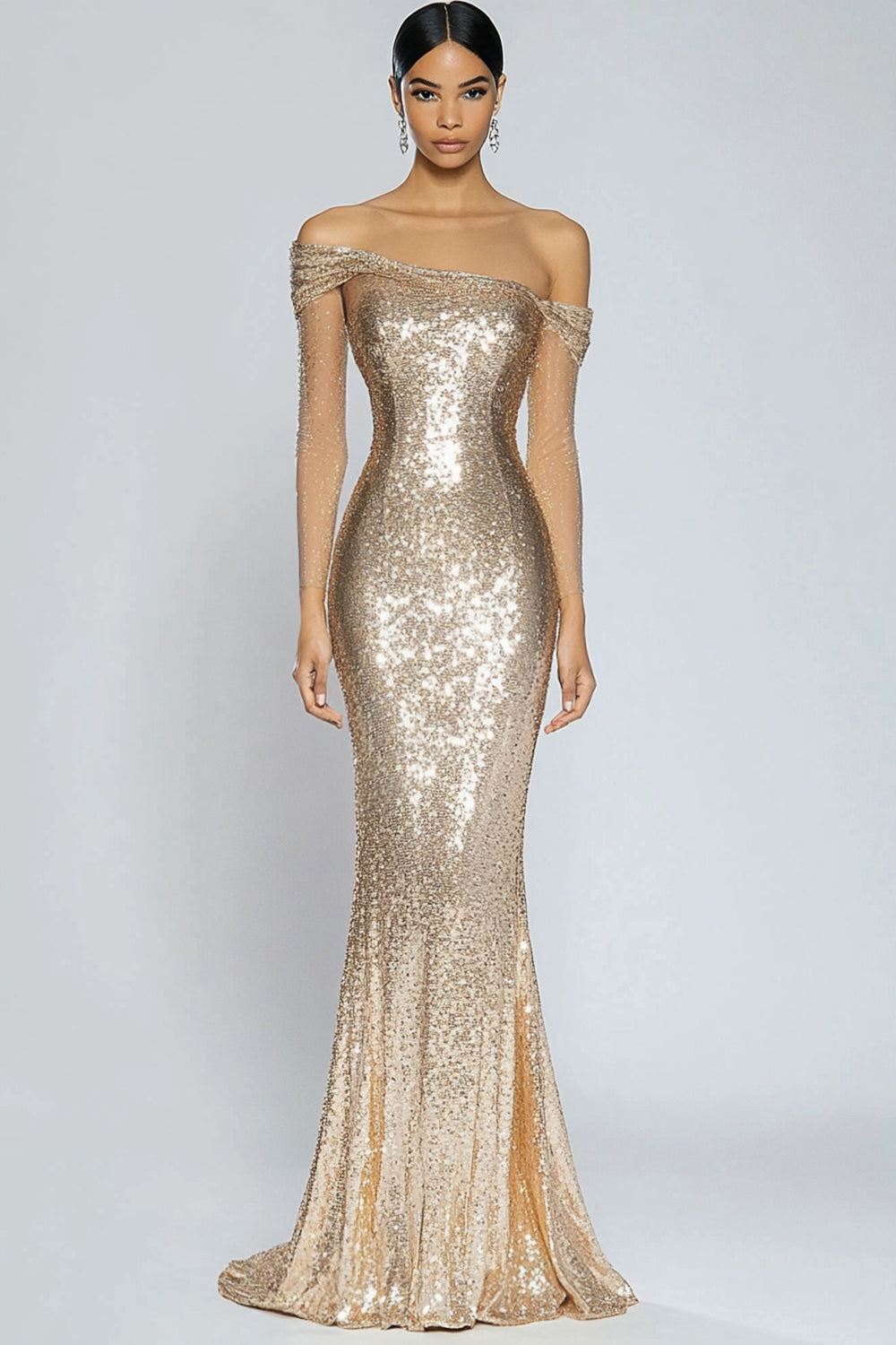 Vestido largo formal de sirena con lentejuelas, color champán brillante y hombros descubiertos