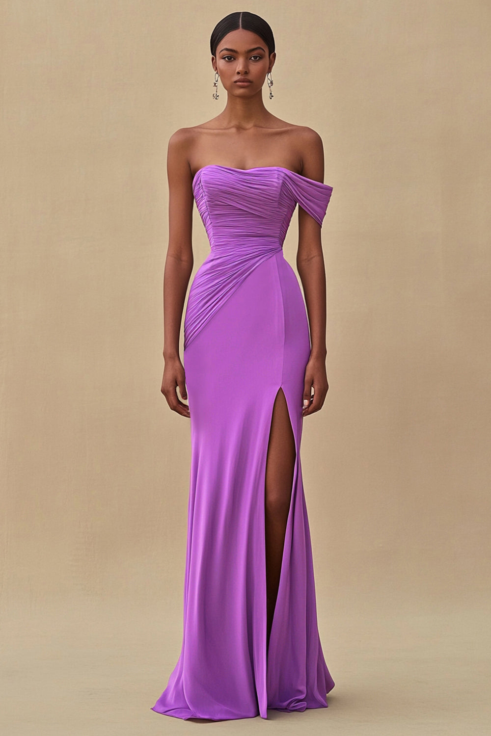 Robe de soirée longue sirène bleu encre à épaules dénudées avec fente
