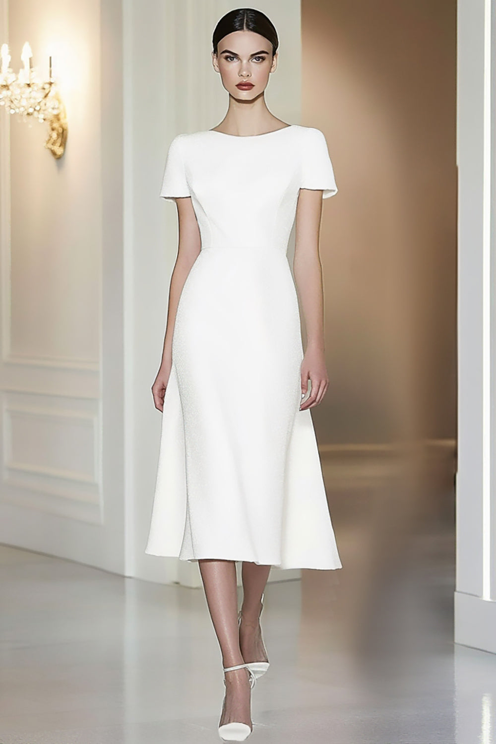 Fitted White Short-Sleeve Straight Pencil Midi Formal Dress