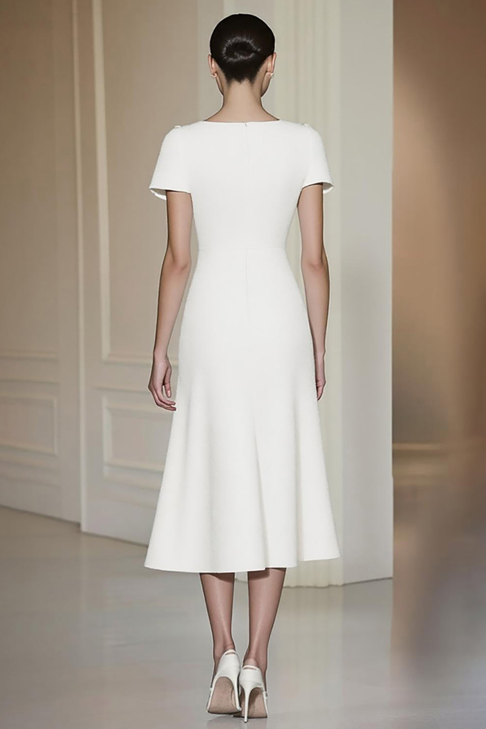 Fitted White Short-Sleeve Straight Pencil Midi Formal Dress