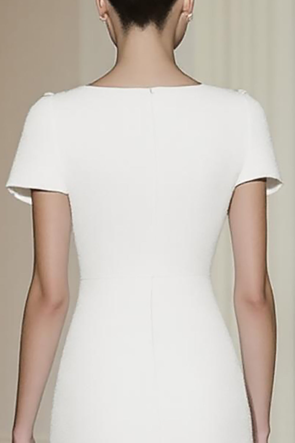 Fitted White Short-Sleeve Straight Pencil Midi Formal Dress