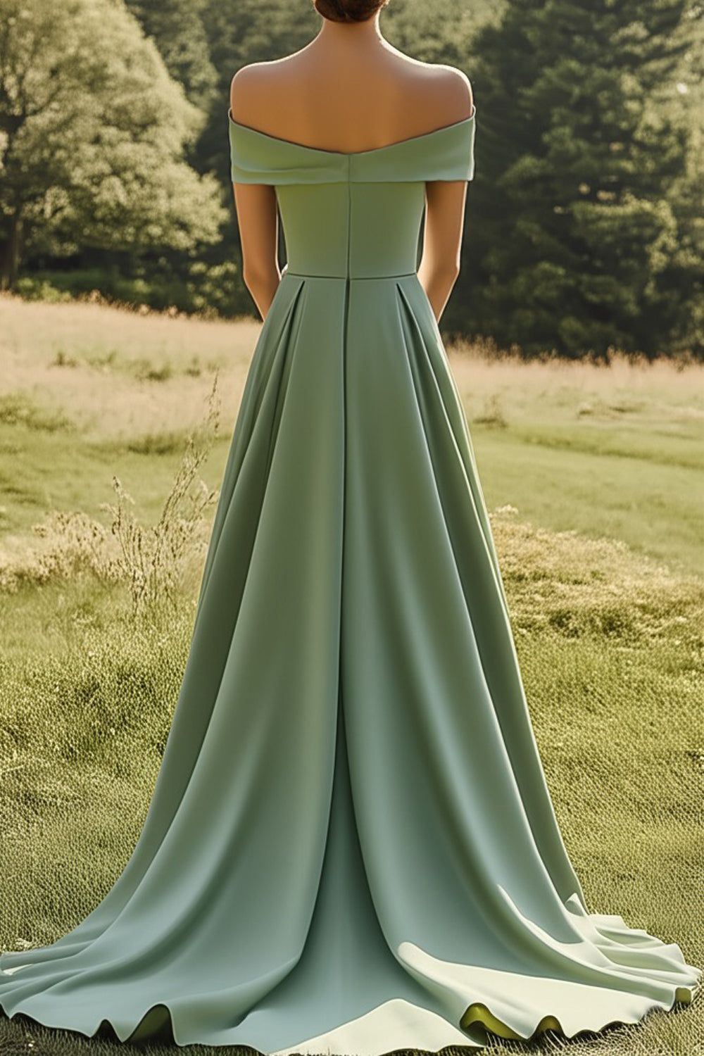 Sage Off-the-Shoulder Slim Formal Dress with Wide Hem