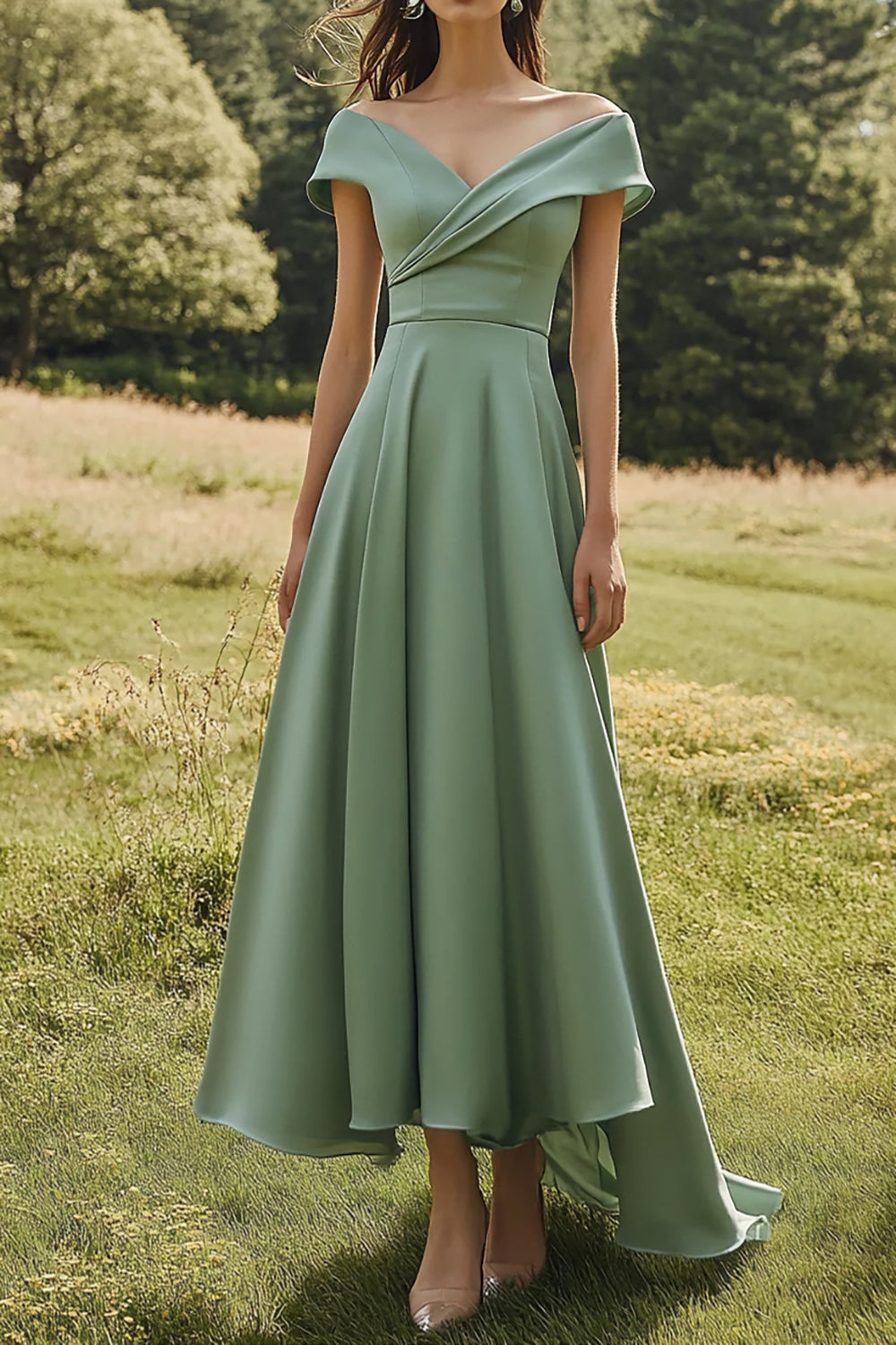 Sage Off-the-Shoulder Slim Formal Dress with Wide Hem