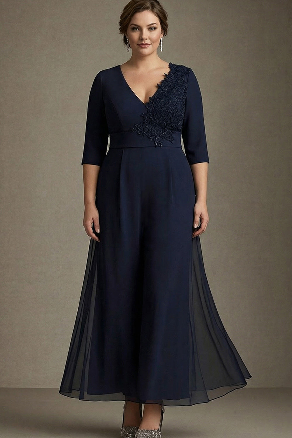 Navy A-Line V-Neck Chiffon Plus Size Mother of the Bride Dress with Appliques