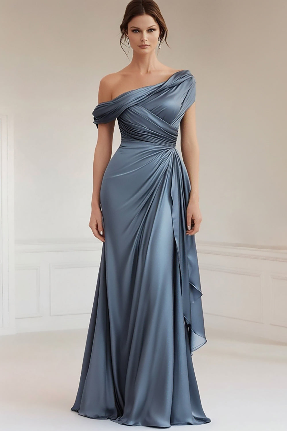 Mermaid Gray Blue One-Shoulder Satin Ruched Mother of the Bride Dress with Ruffles