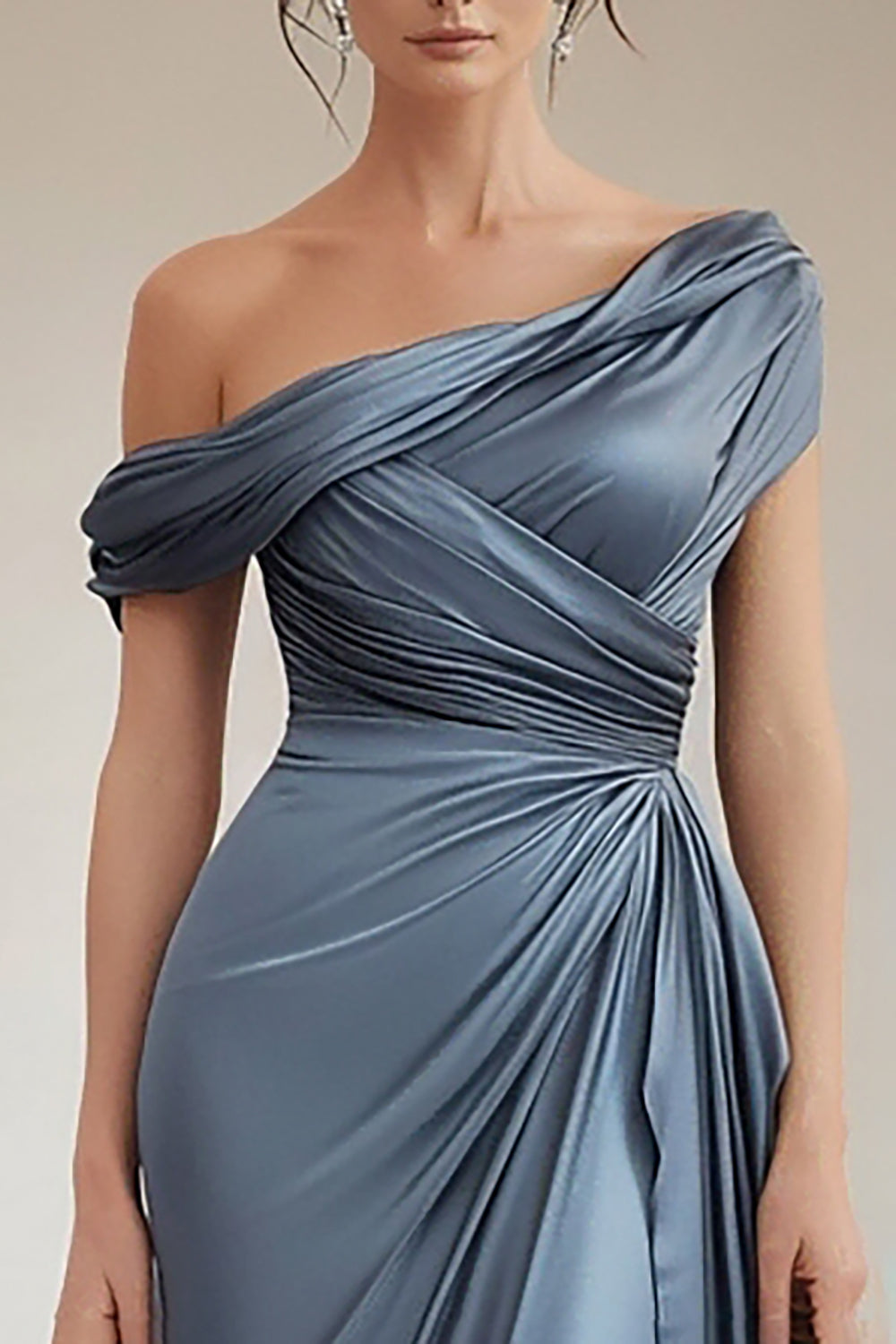 Mermaid Gray Blue One-Shoulder Satin Ruched Mother of the Bride Dress with Ruffles