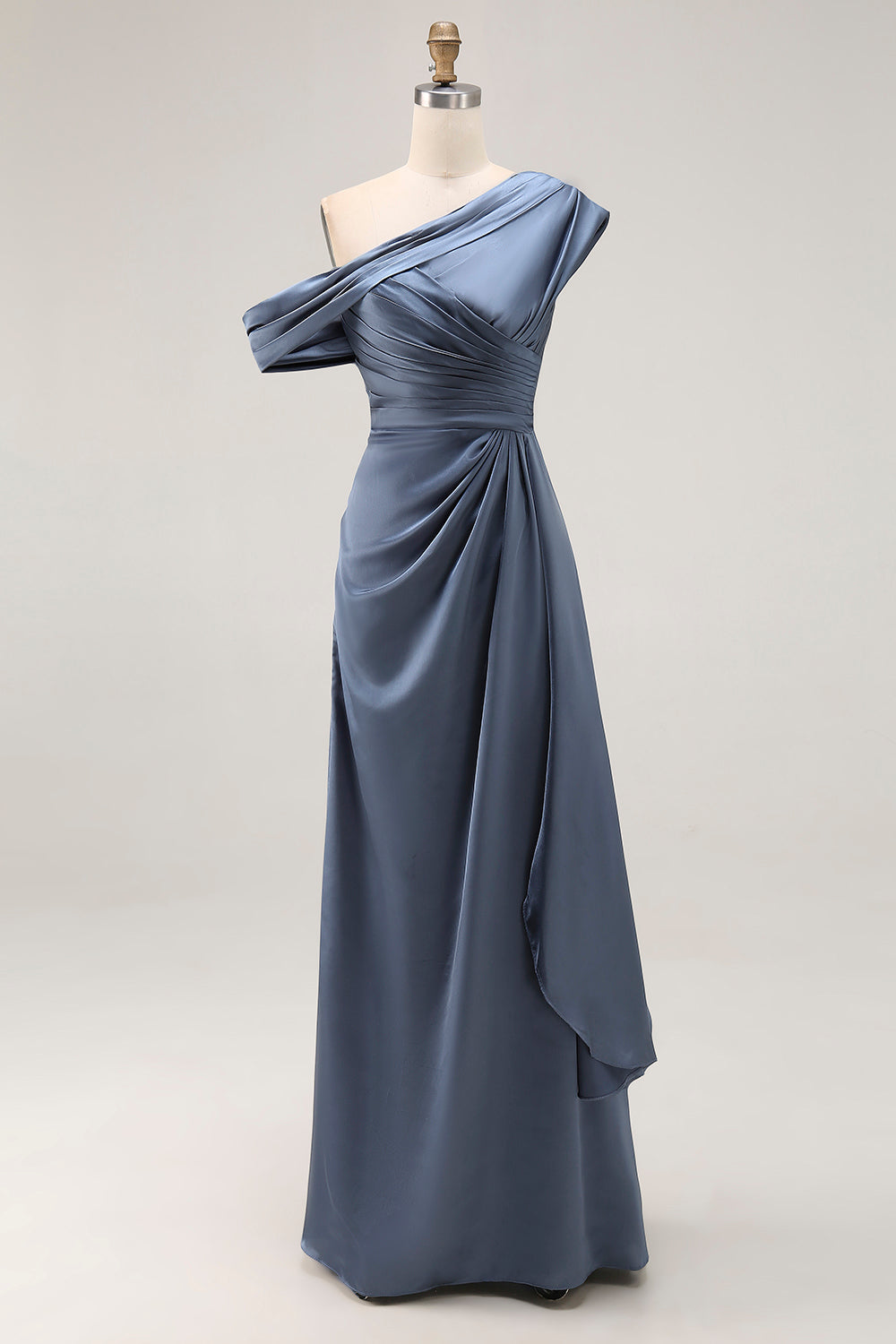 Mermaid Gray Blue One-Shoulder Satin Ruched Mother of the Bride Dress with Ruffles
