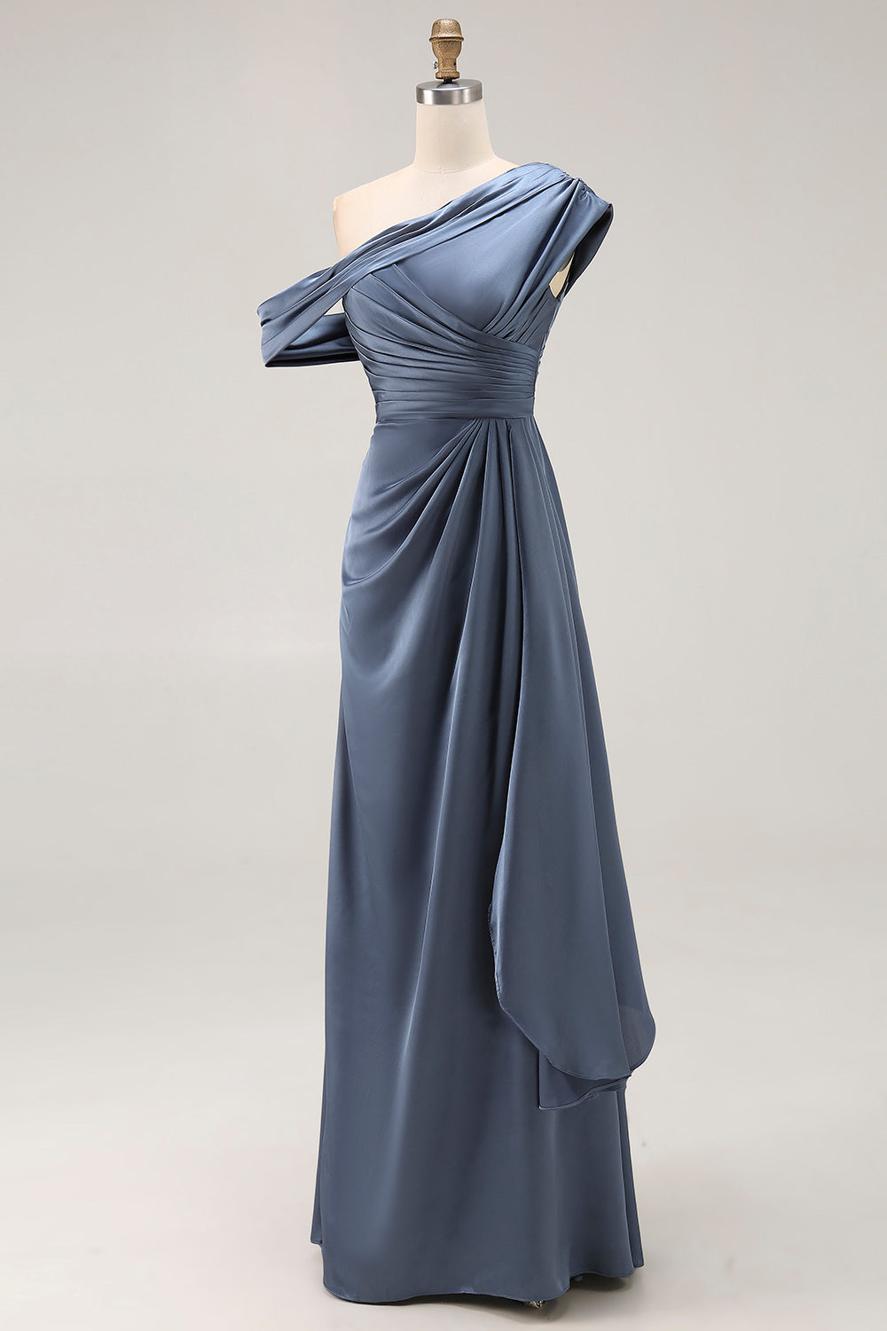 Mermaid Gray Blue One-Shoulder Satin Ruched Mother of the Bride Dress with Ruffles