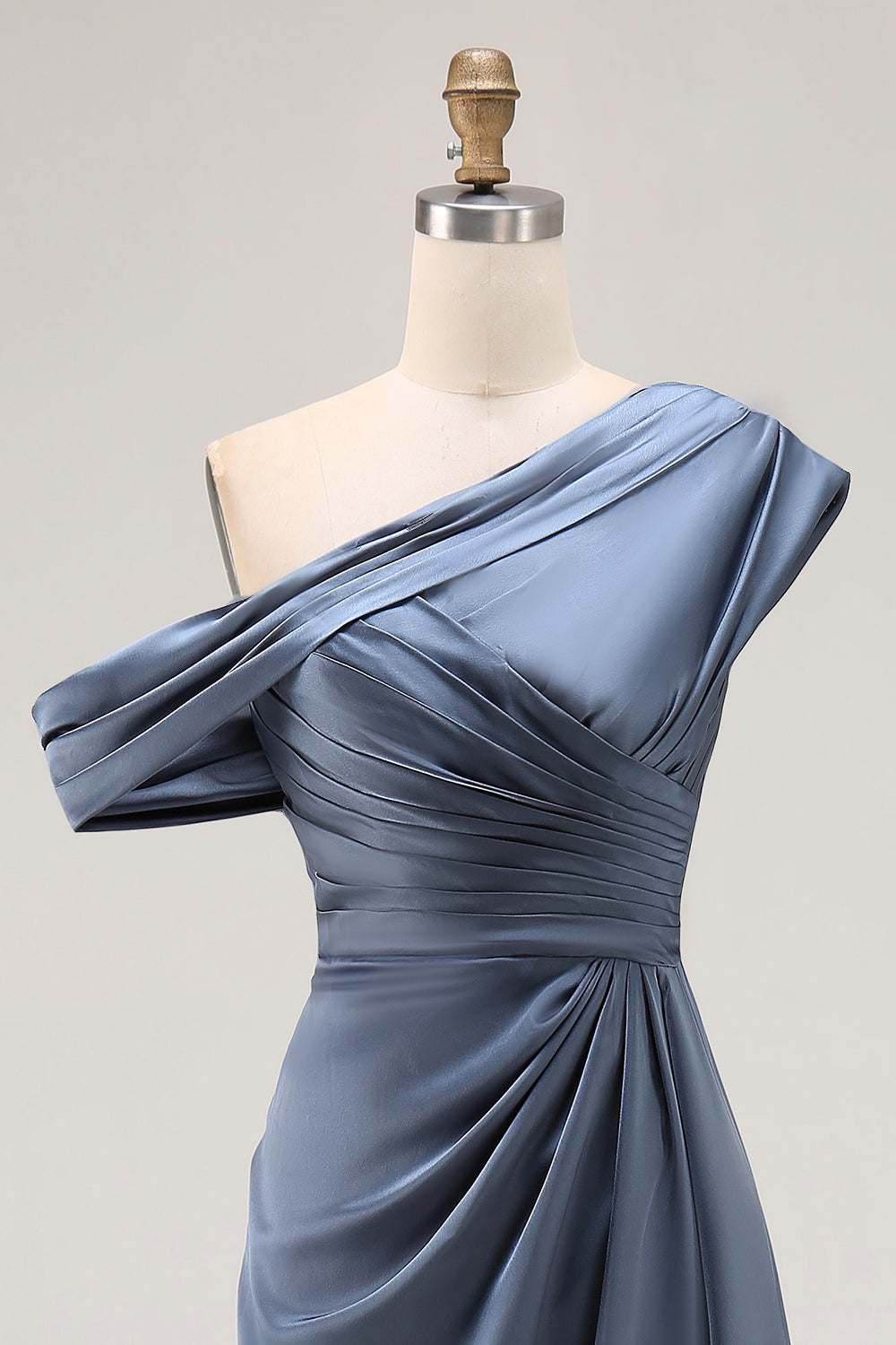 Mermaid Gray Blue One-Shoulder Satin Ruched Mother of the Bride Dress with Ruffles