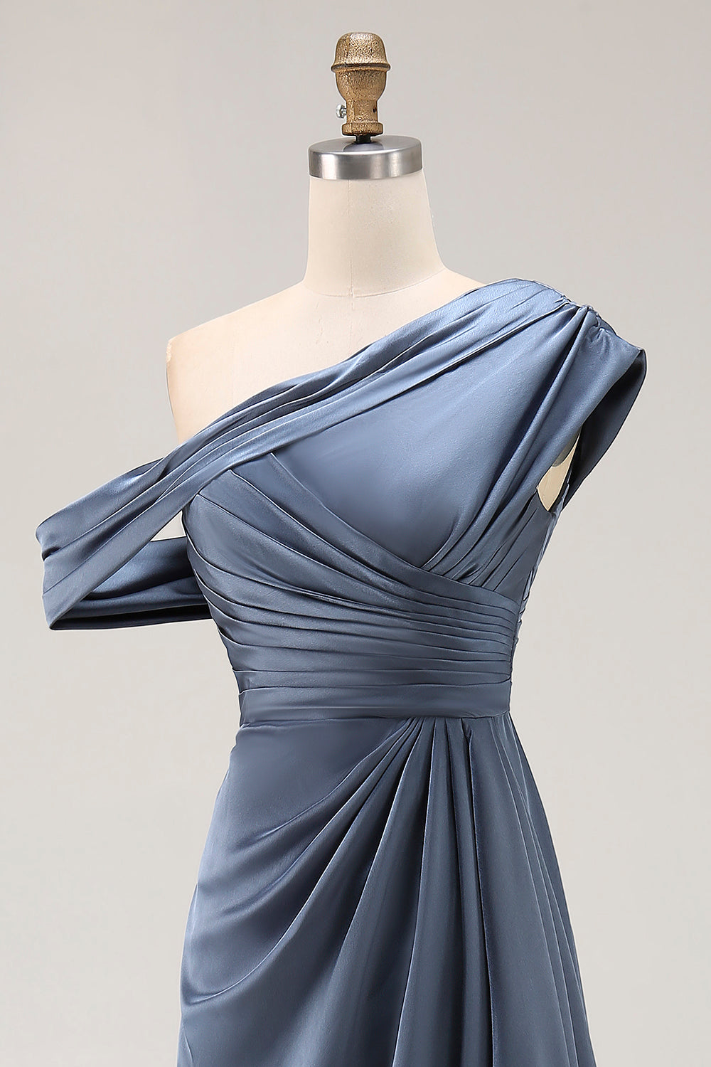 Mermaid Gray Blue One-Shoulder Satin Ruched Mother of the Bride Dress with Ruffles