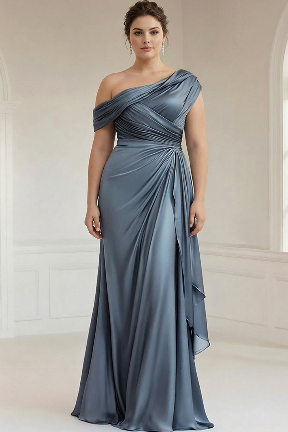 Sheath Plus Size Grey Blue One Shoulder Ruched Satin Mother of the Bride Dress