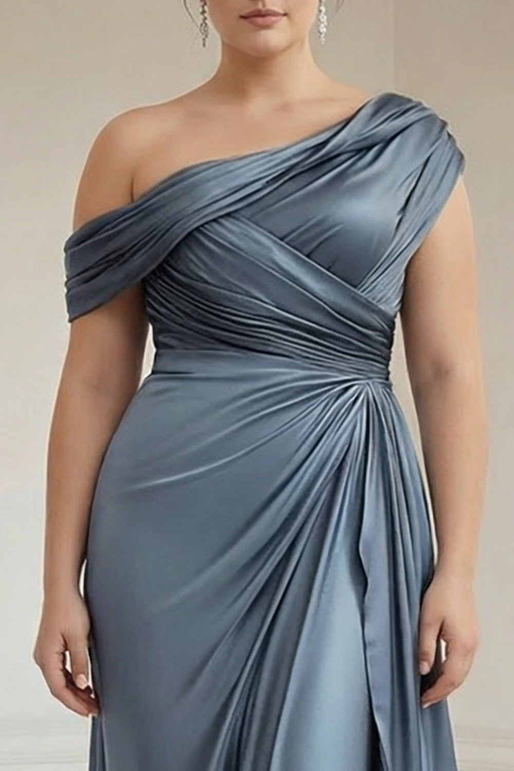 Sheath Plus Size Grey Blue One Shoulder Ruched Satin Mother of the Bride Dress