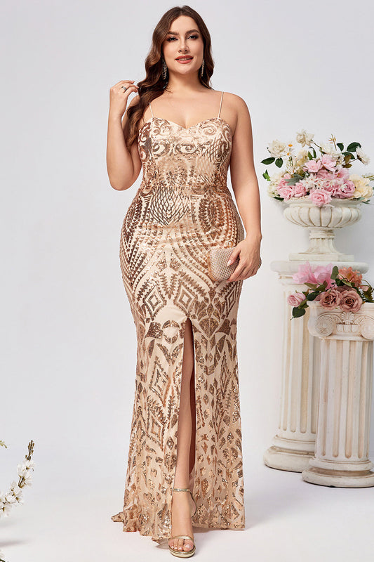 Robe longue de bal de promo sirène dorée à paillettes brodées, grande taille, avec fente