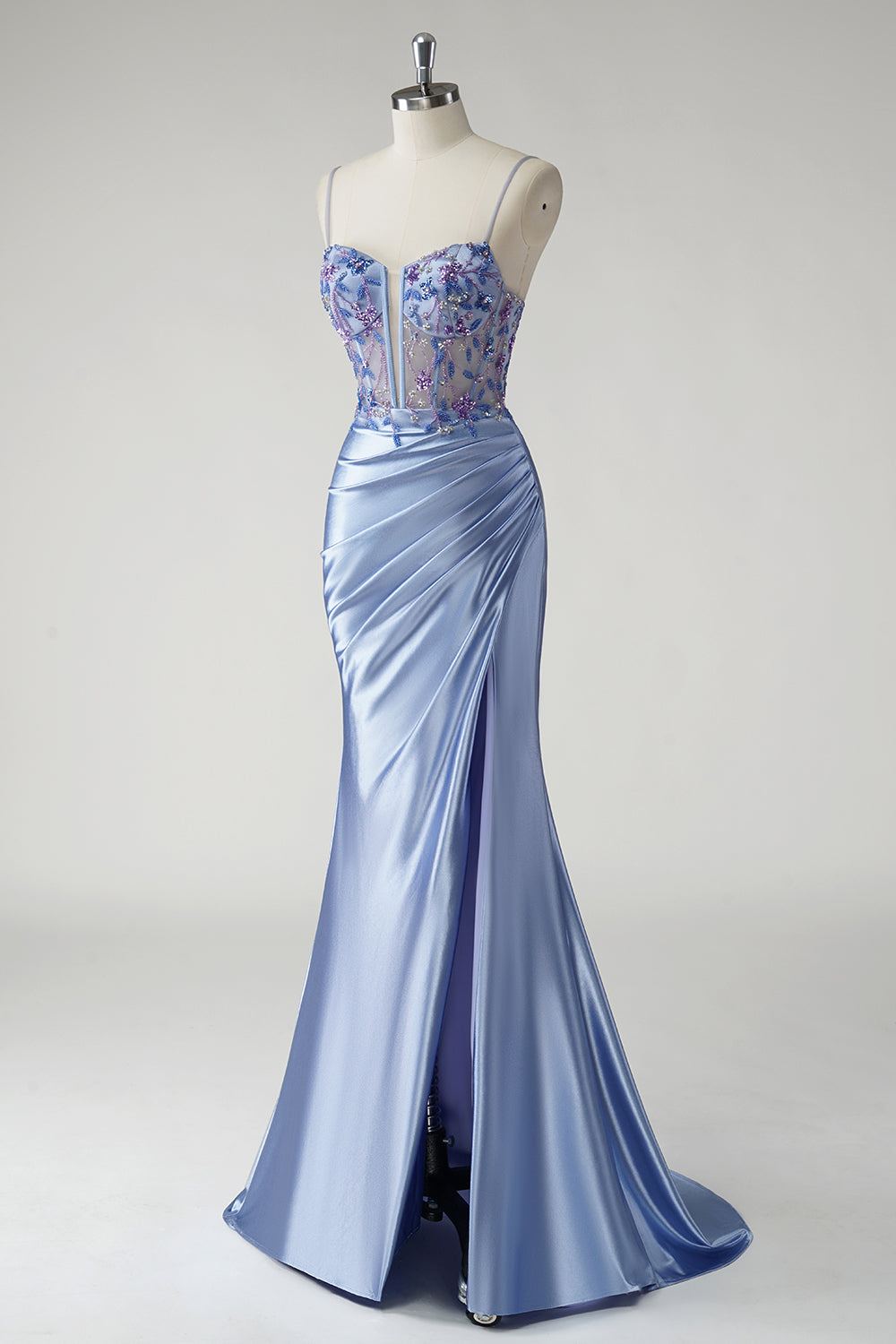 Robe de bal longue en satin bleu scintillant de sirène florale avec fente