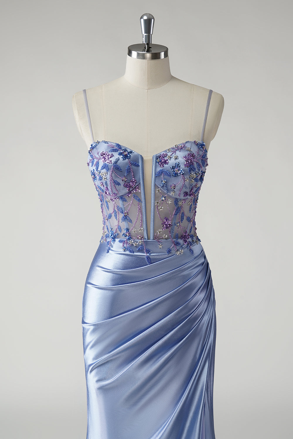 Robe de bal longue en satin bleu scintillant de sirène florale avec fente